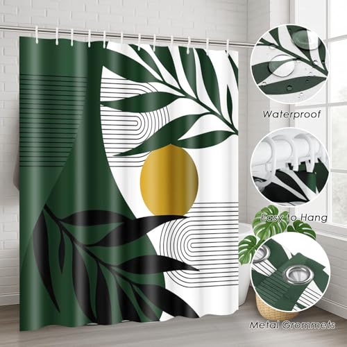 Boho Olive Green and Gold Shower Curtain Set with Toilet Lid Cover and Non-Slip Rugs, Mid Century Modern Abstract Minimalist Leaves Neutral 4 Pcs Shower Curtain for Bathroom Set with 12 Hooks - color: Rustic Green