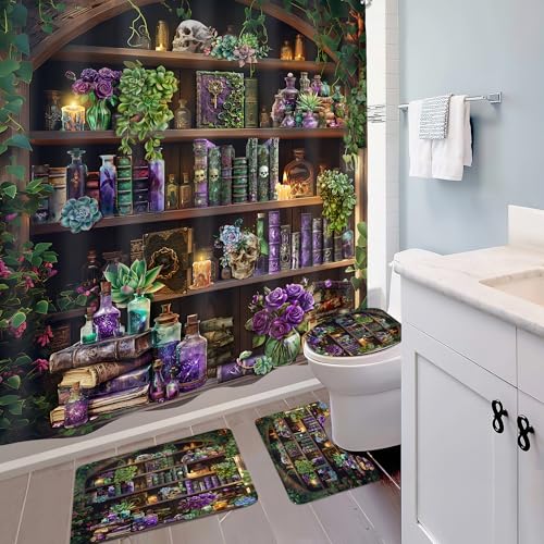 4 PCS Gothic Skull Skeleton Shower Curtain Set 72Wx72H Halloween Goth Books Bathroom Set Non-Slip Bath Rug Toilet Lid Cover U Shape Mat Complete Bathtub Accessories with 12 Hooks Bathroom Decor - color: A 04skeleton, size: 72"W x 72"L (Pack of 4)