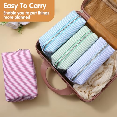8 Pcs Stripe Cosmetic Bags Seersucker Makeup Bags 4 Colors Women Pouch Large Storage Pouch Toiletry Travel Organizer for Wedding Bridesmaid Bride Favor