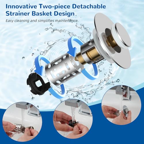 Hibbent Upgraded 3 in 1 Bathroom Sink Drain Strainer, Universal Pop Up Stopper with Removable Stainless Steel Filter Basket Hair Catcher, Sink Plug for 1.1''~2.36'' Basin, Brass Bullet Core, Chrome - color: Chrome