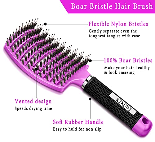 Detangling Brush Boar Bristle Hairbrush for Adult & Kids Wet or Dry Hair - KTKUDY Detangler Hair brush Getting Knots Out without Pain - Adds Shine and Makes Hair Healthier Purple - black handle - color: Purple - black handle