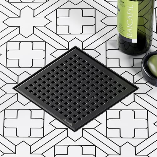 Neodrain Matte Balck Square Shower Drain with Removable Quadrato Pattern Grate, 304 Stainless Steel Square Drain, CUPC Certified, with Hair Strainer and Lifting Hook (Matte Black, 6 in) - color: Matte Black, size: 6 IN