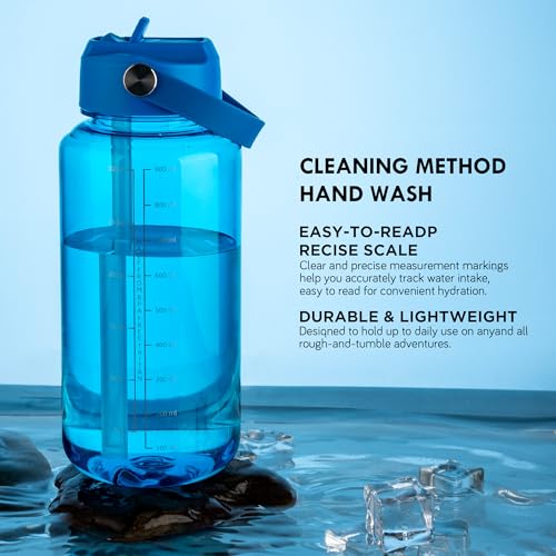 OLDLEY 32oz Water Bottle with Straw,Leakproof Tritan Clear Bottle with Marked Bottle and Carry Handle, BPA-Free Wide Mouth Reusable Sports Water Bottle for Gym,Hiking, Camping, Travel, Workout,Blue - color: Blue