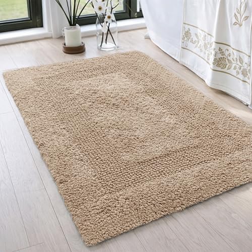 THE BEER VALLEY Set of 2 Reversible Bath Rug 21x32/17x24 Inch - Linen | Cotton Absorbent Bathmat for Bathroom, Washable Beige Toilet Throw Thick Mat - color: Linen Beige, size: 1'9" x 2'8" (Rectangular)