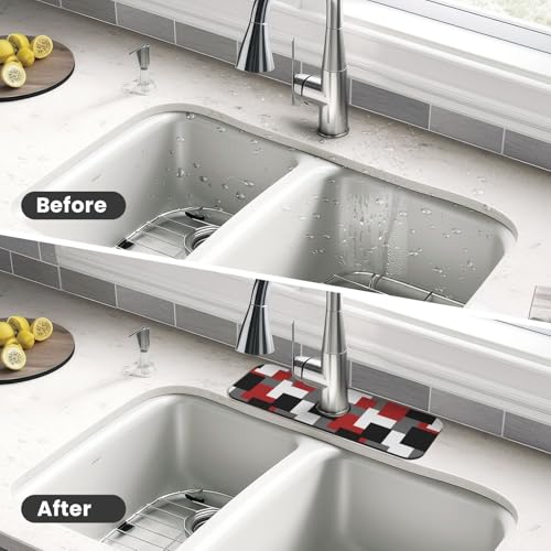 Grey Black White Plaid Square Red 15" X 5.5" Kitchen Sink Splash Guard Faucet Faucet Guard Draining Mat Sink Splash Guard Faucet Kitchen Bathroom - color: Grey Black White Plaid Square Red