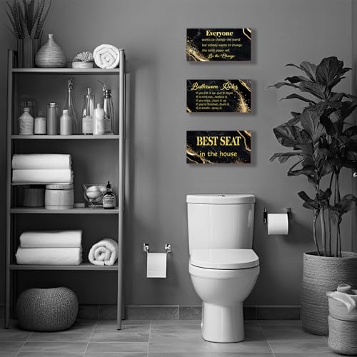 DONFENTHY 3 Pieces Black Gold Bathroom Decor Bathroom Rules Wall Art Rules Signs Best Seat in The House Farmhouse Wooden Sign for Toilet Wall Decor (Black Gold 10x5") - color: Black Gold