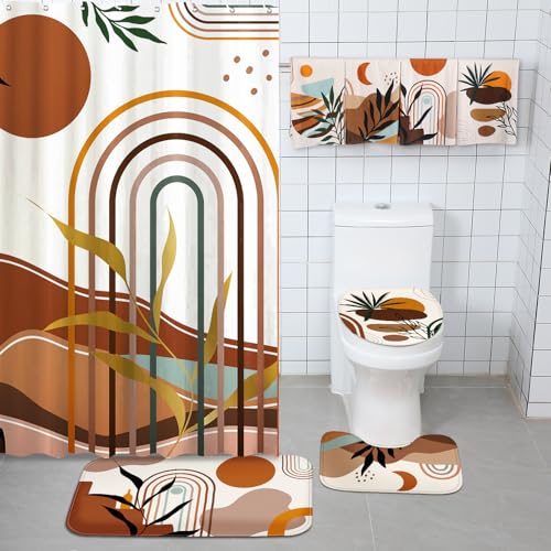 Tatuo 8 Pcs Mid Century Shower Curtain Set Boho Theme Bathroom Accessories Sets Decor Minimalist Modern Waterproof Shower Curtain with Towels Carpet Bath Mat Toilet Rugs and 12 Hooks - style: Boho