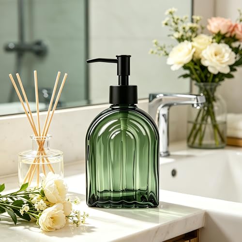 Elegant Green Glass Soap Dispenser with Black Pump | 400ML Modern Bathroom & Kitchen Dispenser for Hand Soaps, Lotions, Essential Oils - color: Green