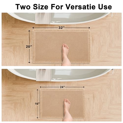Hiasan Set of 2 Waffle Bath Mat, Super Absorbent Non Slip Bathroom Boho Rug with Tassels, Machine Washable Bath Mats for Bathroom, Ultra Soft Rubber Backed Rug, Brown, 16" x 24" + 20" x 32" - color: Brown, size: 16" x 24" + 20" x 32"