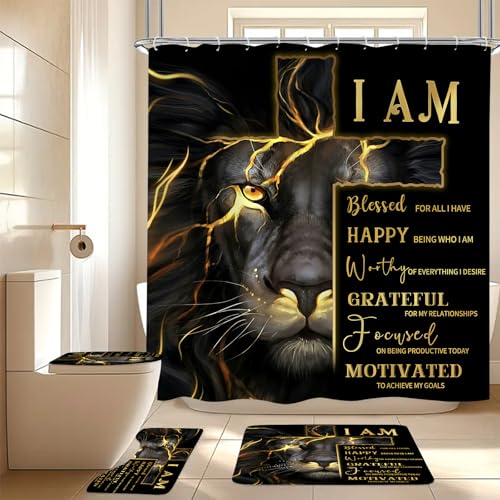 4 Pcs Gold Cross and Lion Shower Curtain Set with Rugs and Toilet Lid Cover, Black Gold Lion Shower Curtain Waterproof Bathroom Set, Inspirational Quotes Shower Curtain Bathroom Decor Set Accessories - color: Cross Lion