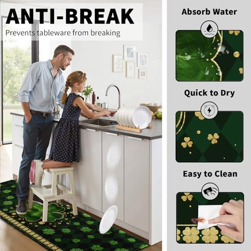 St. Patrick's Day Kitchen Rugs Set 2 Pcs Green Gold Shamrock Clover Washable Runner Rug Non Slip 17"x47"+17"x30", Saint Patricks Day Kitchen Mats for Floor Spring Irish Home Decor - color: Green Shamrock