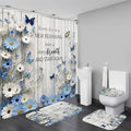 AZHM Blue Daisy Flower Shower Curtain Set 4pcs Rustic Daisy Floral Bathroom Set with Butterfly Accents with Inspirational Quotes Shower Curtain and Rugs - color: White Blue
