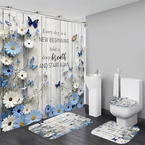 AZHM Blue Daisy Flower Shower Curtain Set 4pcs Rustic Daisy Floral Bathroom Set with Butterfly Accents with Inspirational Quotes Shower Curtain and Rugs - color: White Blue