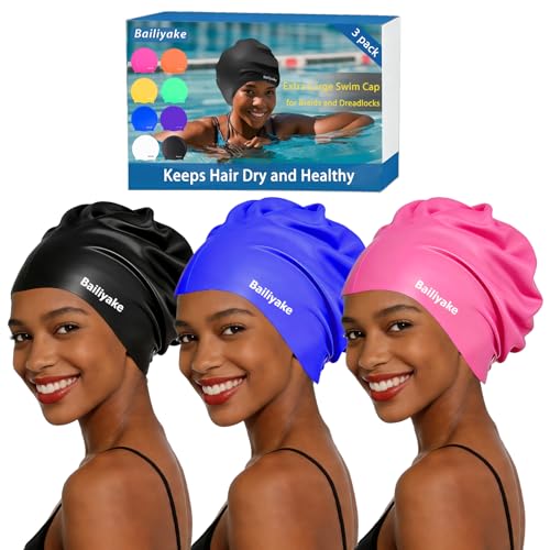 3 Pack Extra Large Swim Cap for Braids & Dreadlocks - Waterproof Silicone Swim Hat for Women with Long Thick Hair, Protective Swim Cap Cover Ears for Swimming, Shower, Bathing - color: Black+Pink+Blue
