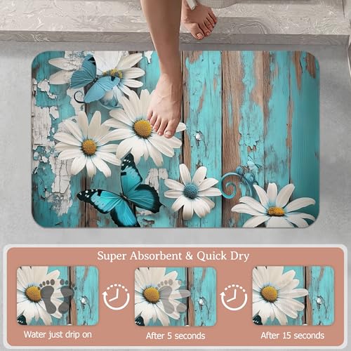 Diatomaceous Earth Bath Mat,White Daisy Bath Rugs,Vintage Wood Non-Slip Thin Absorbent Fast Drying Easy to Clean for Bathroom Laundry Home Kitchen Door Mat 17x29.5Inch - color: White Daisy,vintage Wood
