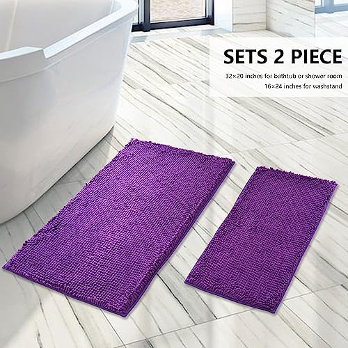 Bathroom Rugs Sets 2 Piece, Extra Soft Chenille Bath Mat Ultra Absorbent Bathroom Rug, Bathroom Mat with Sturdy PVC Non-Slip Bottom, Machine Washable Bath Rugs (20x32 Inch + 16x24 Inch, Purple) - color: Purple, size: 16" x 24" + 20" x 32" (Rectangular)