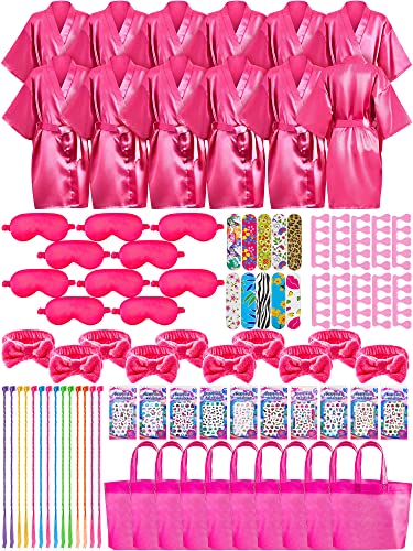 Xuhal 92 Pcs Spa Party Supplies Slumber Party Spa Pretend Play Set with Satin Robes, Headbands and Eye Masks, Sleepover Kit with Gift Bags, Total 10 Sets(Rose,14) - color: Rose, size: 14