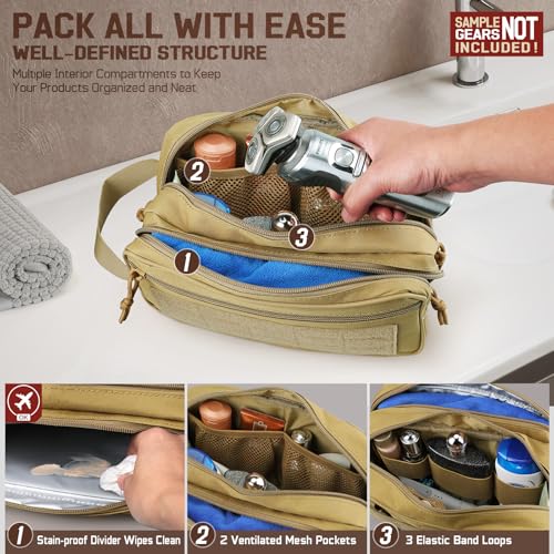 RXW EDC Toiletry Bag for Men, Tactical Dopp Kit, Molle Pouches Compact Travel Organizer for Shaving Shower, Hygiene, Grooming (Includes Dry/Wet Compartment & US Flag Patch) - color: Khaki
