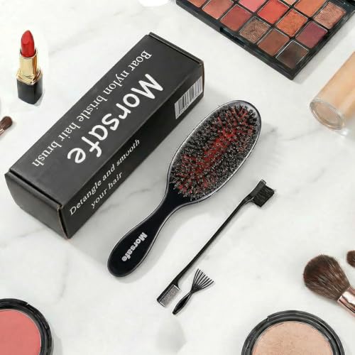 Boar Bristle Hair Brush for Women Men Painless Detangling Paddle Brush for Curly Fine Tangled Hair, Anti-frizz Boar Nylon Bristle Cushioned Brush, Includes Cleaning Tool