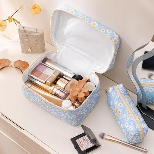 HBselect Quilted Makeup Bag, 3PCS Cotton Large Travel Makeup Bag, Cute Floral Coquette Make up Bag Cosmetic Bag Toiletry Bag for Women Girls - color: A-3PCS-Daisy