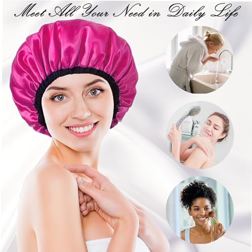 Shower Cap for Women, Large Shower Caps Reusable Waterproof with Elastic Band, Silky Satin Double-layer Bath Cap for Braids Long Hair - color: Set H
