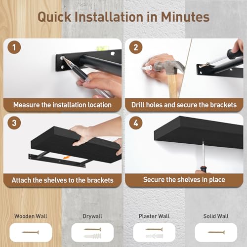 RALGEND Floating Shelves for Wall, 1.5" Thick Wall Shelf Set of 3 with Invisible Brackets, 23.6L x 7.9W Hanging Book Shelves Farmhouse Home Decor for Bathroom, Living Room, Bedroom, Black 6301BJP3BK - color: Black, size: 23.6 Inches