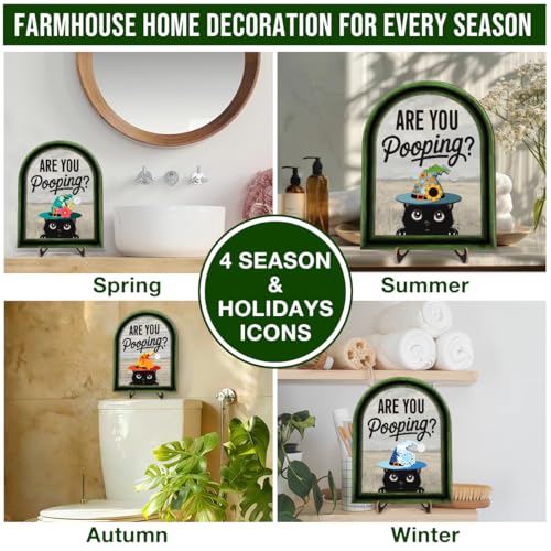 Funny Spring Cat Bathroom Decor - Interchangeable Seasonal Cats Bathroom Hanging Wooden Sign for Restroom Shelves Toilet Tank Decoration(10 Pcs) - Are You Pooping - color: Cat are