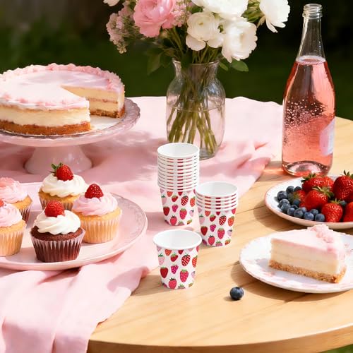 WRAPAHOLIC 3oz Paper Cups - 100 Pack Disposable Bathroom Cups with Strawberry Fruits Design, Small Mouthwash Cup for Toothbrush Rinse, Home Bathroom, Picnic, BBQ, Travel and Party - color: Pink & Red Strawberry