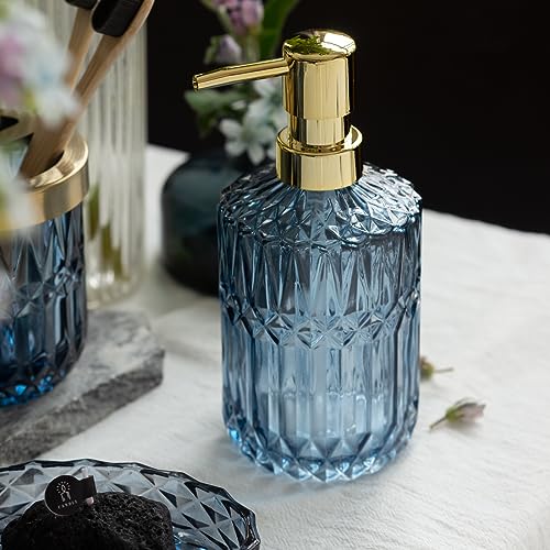 EMPO Clear Glass Soap Dispenser with ABS Plastic Pump, Crystal Lotion Dispensers for Kitchen Sink, Bathroom (Blue) - color: Blue