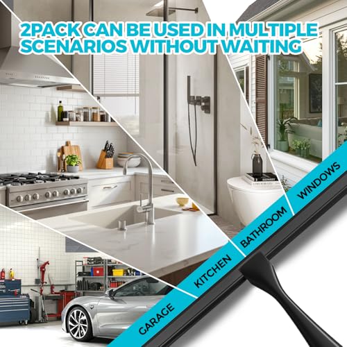 ALFLOD 2pcs Shower Squeegee for Glass Doors with Adhesive Hanging Hook Set | 12” black, bathroom accessories, window cleaner, new home essentials, soft rubber blade, metal handle, ergonomic grip - color: Black, size: 12 Inch