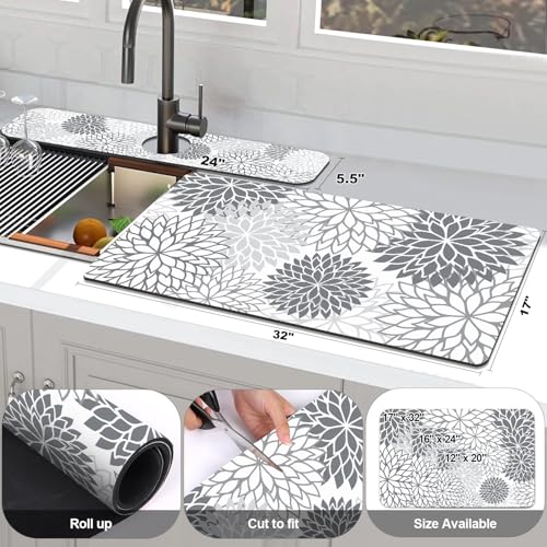 Findosom 2PCS 17" x 32" Dish Drying Mat & 24" x 5.5" Sink Splash Guard, Super Absorbent & Cuttable Dish Mat Drying Kitchen Mat with Gray Floral, Hide Stain Drying Mat for Kitchen Counter - color: Gray, size: 17" X 32" + 24" X 5.5"