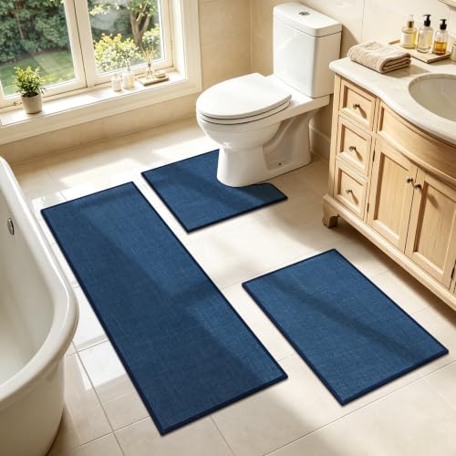 SHACOS 3 Piece Bath Mats Toilet Rug U-Shaped, No Slip Rubber Bath Rugs for Bathroom Toilet, Ultra Thin Bathroom Rugs Washable Quick Dry Absorbent Bathroom Mat (17"x24"+20"x32"+ U-20"x24") - color: Blue, size: 17"x24"+20"x32"+U20"x24"