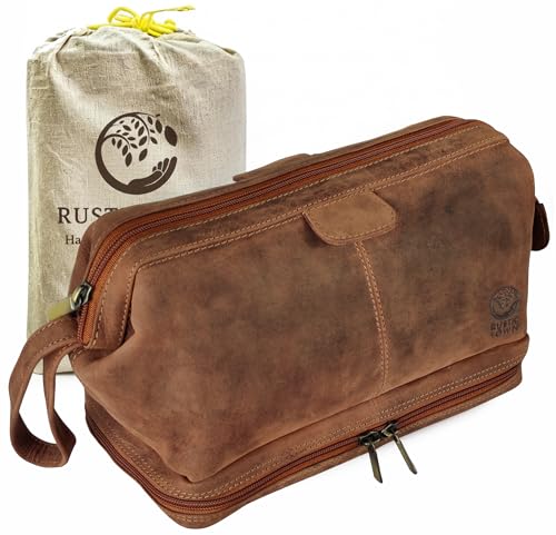 RUSTIC TOWN Leather Toiletry Bag for Men - Travel Gift Shaving Ditty Kit - Bathroom Shower Toiletries Organizer - Cosmetic Makeup Bag for Women - color: Brown