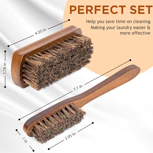TAKAVU Horse Hair Laundry Brush Set of 2, Soft Natural Bristle | Horsehair Stain & Scrub Brush for Clothes, Fabric & Upholstery, Gentle on Knits, Cotton & Linen, Washable - color: Brown Horse Hair