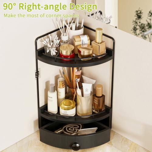 2-Tier Corner Bathroom Counter Organizer with Drawer & Embedded Screw Holes - Wooden Countertop Organizers for Skincare, Makeup Storage, Bathroom Sink Counter Shelf for Vanity, Kitchen, Black - color: Black