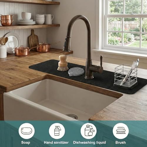 Customizable Kitchen Sink Faucet Mat: 24" Lx4 W Absorbent Splash Guard | 2PCS Non-slip Fabric Rubber Mat, Cut to Fit Oval Rectangle Square Faucet & 2,3,4 Holes Irregular Sink with Soap Dispenser - size: 24"Lx4"W-2PCS