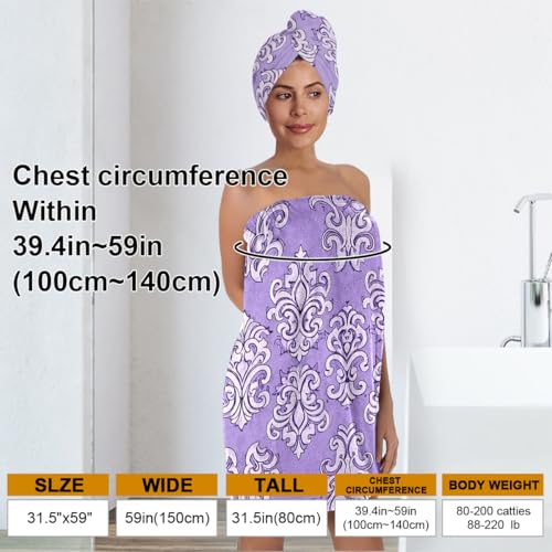 YWMAN Microfiber Bath Wrap Set with Hair Turban, Purple Damask Pattern, Soft Spa Shower Towel Wrap, Women's Bath Accessories, Fits 39.4-59 inch Chest