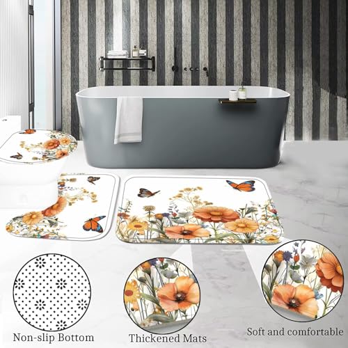 DDQQ 4Pcs Yellow Floral Shower Curtain Set Butterfly Bathroom Sets with Rugs, Flower Shower Curtain with 12 Hooks Bathroom Decor with Rugs Bath Accessories with Mats Toilet Lid Cover - color: Brown