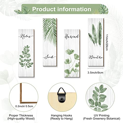 Yookeer Botanical Bathroom Wall Art Decor 4 Pieces Relax Soak Unwind Breathe with Boho Leaf Print Minimalist Sign Wooden Hanging Wall Art Decor for Farmhouse Home Bathroom(11 x 3.5 Inch,Green) - size: 11 x 3.5 Inch