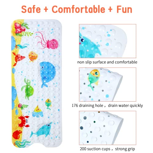 Bath Mat for Tub Non Slip, Machine Washable Anti Slip Cartoon Baby Bathtub Shower Mat with Drain Holes and Suction Cups for Toddler & Kids, 40 Inch x 16 Inch-Rectangular, Little Whale - color: Little Whale, size: 40" x 16" (Rectangular)