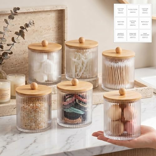 Yaomiao 6 Pcs Ribbed Bathroom Canisters Apothecary Jars with Wood Color Bamboo Lids and Label Stickers, 18 oz Plastic Canister with Fluted Design for Cotton Ball, Swab, Floss Picks House Storage - color: Wood Color