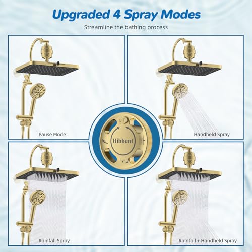 Hibbent cUPC Certified 13'' Shower Head Combo, High Pressure 5 Spray Rainfall Showerhead, 10 Spray Handheld, All Metal Easy Reach 4-way Diverter Arm with Pause Mode, 71'' Hose and Holder, Brushed Gold - color: Brushed Gold, style: Square 13" with filter