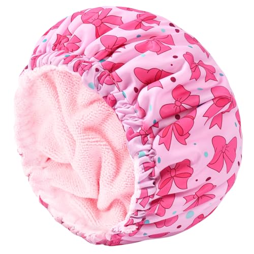 Aileam Pink Bow Shower Cap for Women, Terry Lined Bath Cap Large Reusable Waterproof Shower Hair Cap for Long Thick Hair - color: Bow