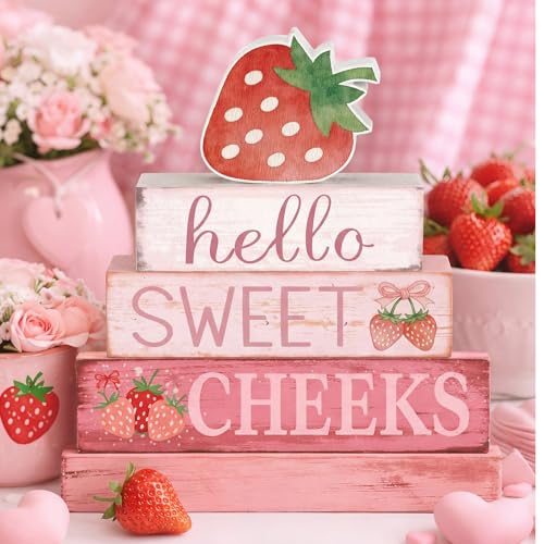Cinnvoice 4 Pcs Strawberry Bathroom Decor Farmhouse Bathroom Decoration Hello Sweet Cheeks Table Centerpiece Gift for Christmas Valentines Back to School - style: Strawberry Hello Sweet Cheeks