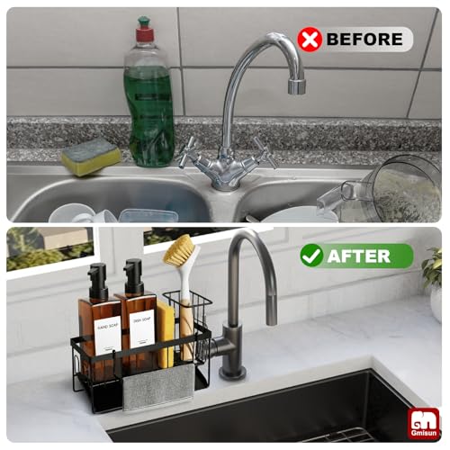 GMISUN Dish Soap Dispenser, 12 Fl oz / 350 ml Dual Soap Dispenser with Sponge Holder, Customized Amber Glass Kitchen Soap Dispensers Set, Modern Hand and Dish Soap Dispensers Set Removable - color: Amber Bottle + Black Rack