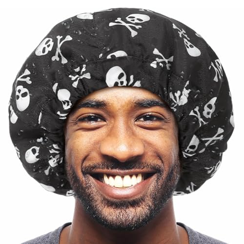 Shower Cap for Men Skulls Bath Cap, Reversible Large Waterproof Adjustable Shower Caps Terry Lining & Elastic Band Stretch Hem Hair Hat - color: Skulls