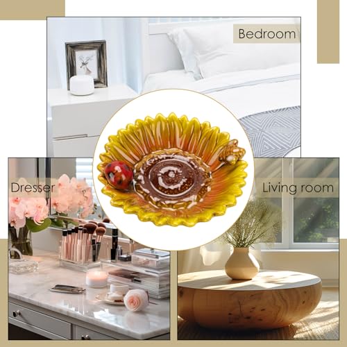 Sunflower Jewelry Dish Trinket Tray Ceramic Key Tray Bowl for Entryway Table, Sunflower Candy Dish Soap Holder Gift Decorative Bowl for Home Decor Kitchen Bathroom Sink (Bee, Ladybug)