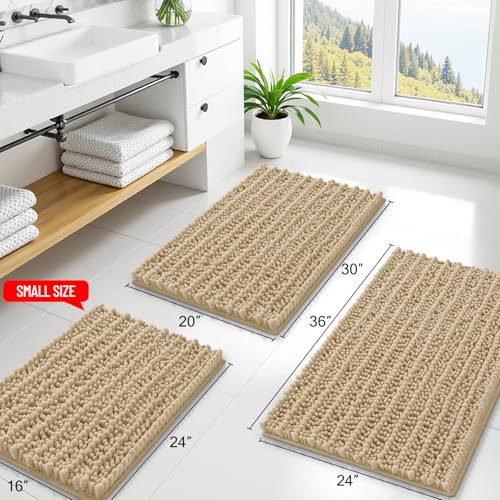 Smiry Bathroom Rugs Sets 2 Piece, Soft Absorbent, Non Slip Rubber Backing Machine Washable Quick Dry Chenille Bath Rug Set for Tub, Shower, and Floor (47" x 20" Plus 24" x 16", Beige)