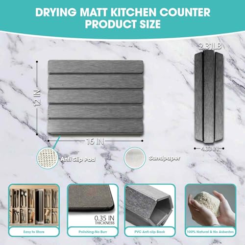 Dish Drying Mat Stone Bath Mat Diatomaceous Earth Stone Drying Mat For Kitchen Counter Sink Bath Mat Quick Dry Non Slip Foldable Dish Drying Rack Mat Small(16"×12" Dark Grey) - size: 16" x 12"