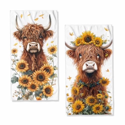 Highland Cattle Bath Hand Towels Set of 2 Absorbent Farmhouse Farm Sunflowers Decorative Hand Towels Set for Bathroom Gym Hotel Spa Bathroom Hand Towels Gifts for Women Man 14"x28" - color: Highland Cattle